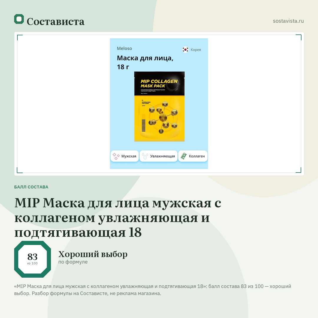 MIP Маска для лица мужская с коллагеном увлажняющая и подтягивающая 18: балл состава 83 из 100 — Состависта