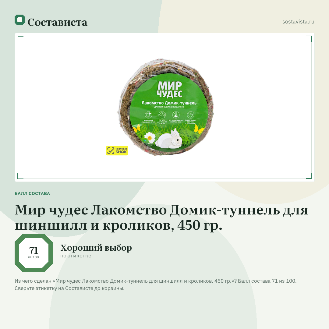Мир чудес Лакомство Домик-туннель для шиншилл и кроликов, 450 гр.: балл состава 71 из 100 — Состависта