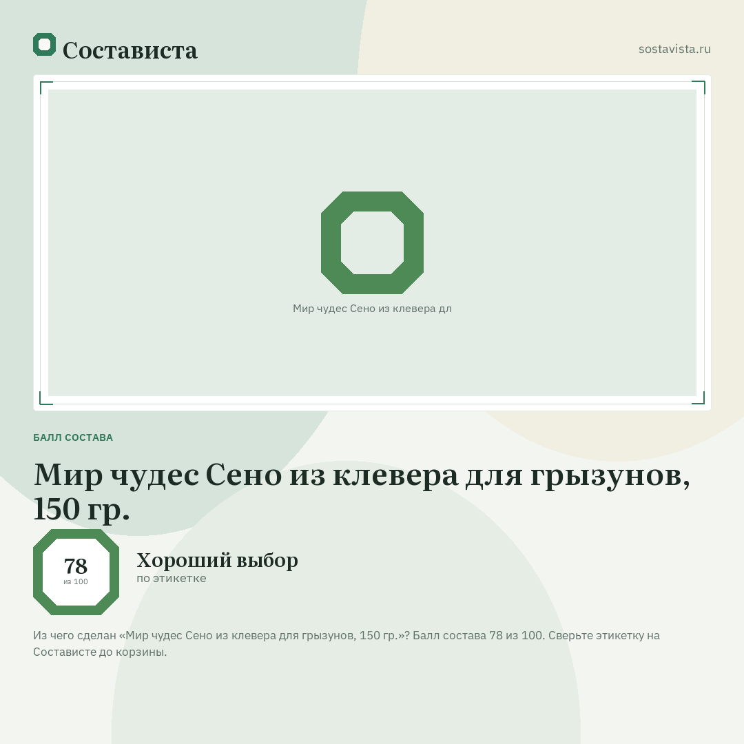 Мир чудес Сено из клевера для грызунов, 150 гр.: балл состава 78 из 100 — Состависта