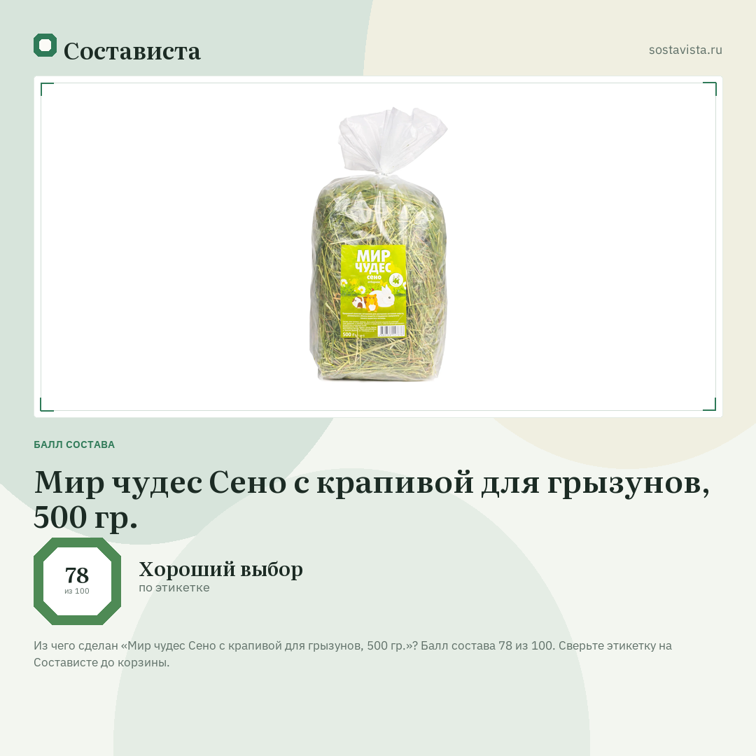 Мир чудес Сено с крапивой для грызунов, 500 гр.: балл состава 78 из 100 — Состависта