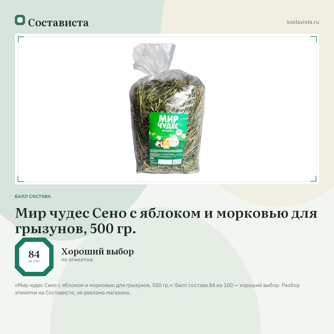 Мир чудес Сено с яблоком и морковью для грызунов, 500 гр.: балл состава 84 из 100 — Состависта