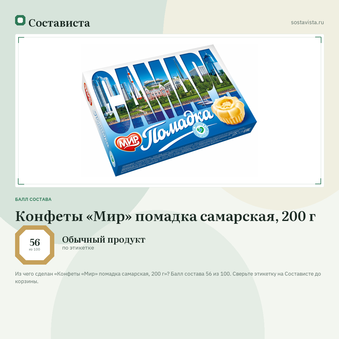 Конфеты «Мир» помадка самарская, 200 г: балл состава 56 из 100 — Состависта