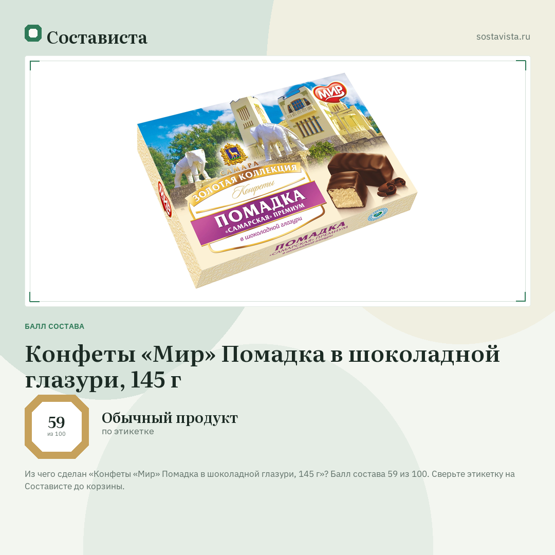 Конфеты «Мир» Помадка в шоколадной глазури, 145 г: балл состава 59 из 100 — Состависта