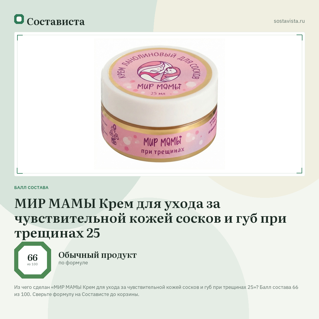 МИР МАМЫ Крем для ухода за чувствительной кожей сосков и губ при трещинах 25: балл состава 66 из 100 — Состависта