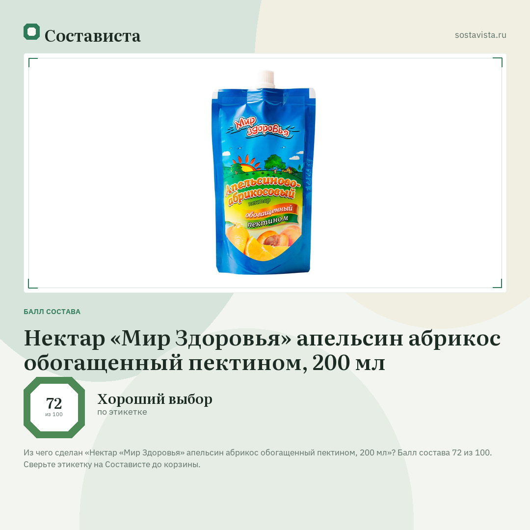 Нектар «Мир Здоровья» апельсин абрикос обогащенный пектином, 200 мл: балл состава 72 из 100 — Состависта