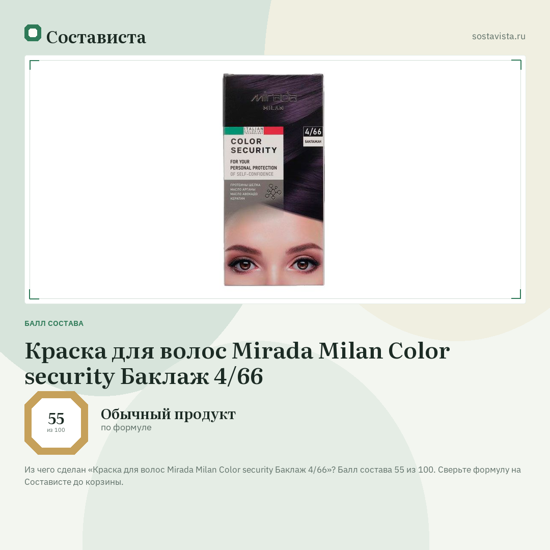 Краска для волос Mirada Milan Color security Баклаж 4/66: балл состава 55 из 100 — Состависта