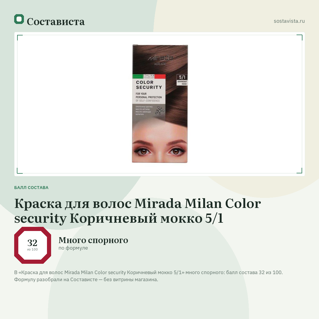 Краска для волос Mirada Milan Color security Коричневый мокко 5/1: балл состава 32 из 100 — Состависта