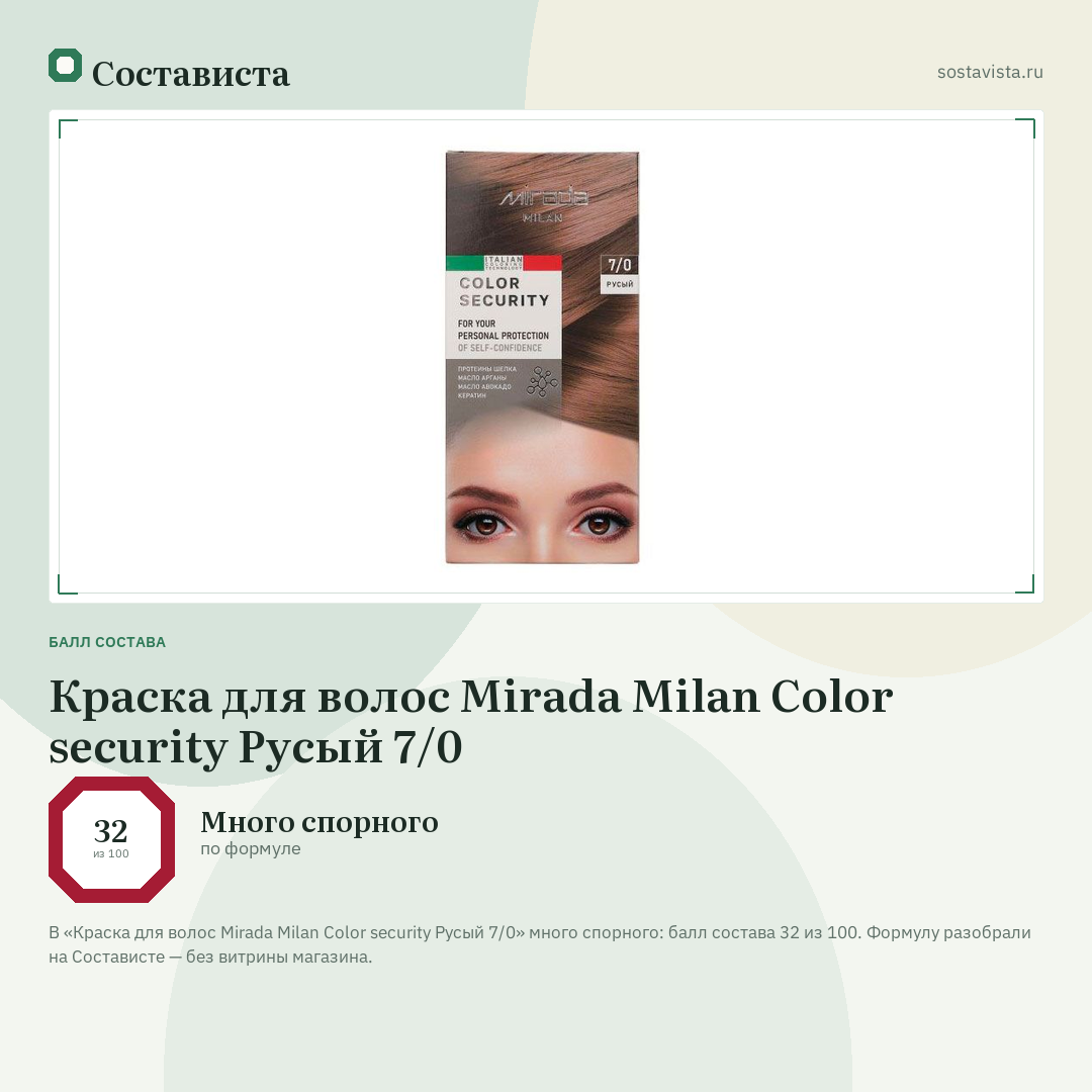 Краска для волос Mirada Milan Color security Русый 7/0: балл состава 32 из 100 — Состависта
