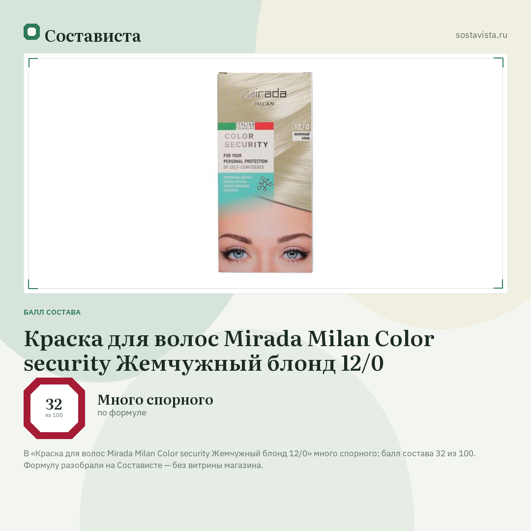 Краска для волос Mirada Milan Color security Жемчужный блонд 12/0: балл состава 32 из 100 — Состависта