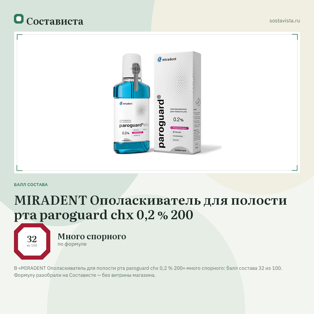 MIRADENT Ополаскиватель для полости рта paroguard chx 0,2 % 200: балл состава 32 из 100 — Состависта