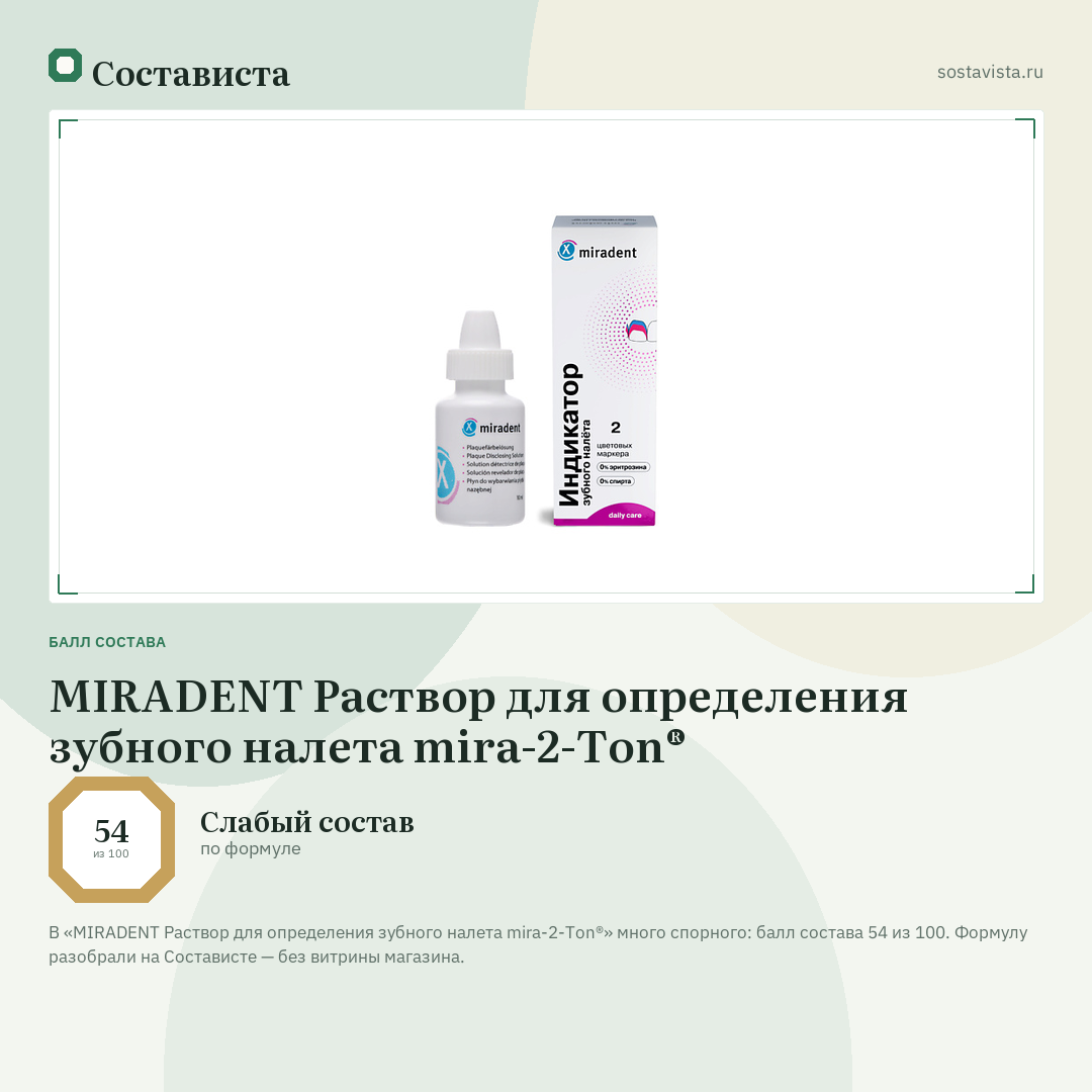 MIRADENT Раствор для определения зубного налета mira-2-Ton®: балл состава 54 из 100 — Состависта