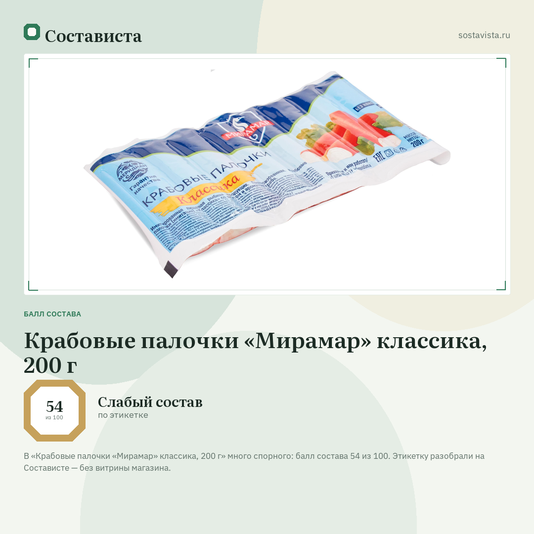 Крабовые палочки «Мирамар» классика, 200 г: балл состава 54 из 100 — Состависта