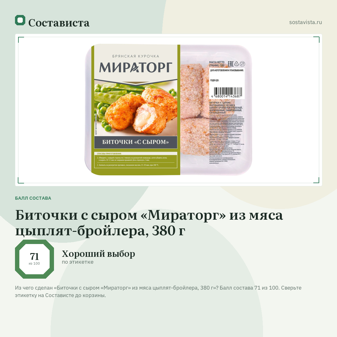 Биточки с сыром «Мираторг» из мяса цыплят-бройлера, 380 г: балл состава 71 из 100 — Состависта