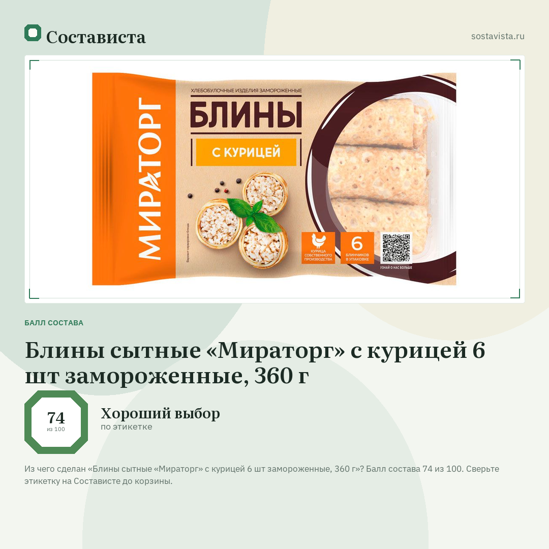 Блины сытные «Мираторг» с курицей 6 шт замороженные, 360 г: балл состава 74 из 100 — Состависта