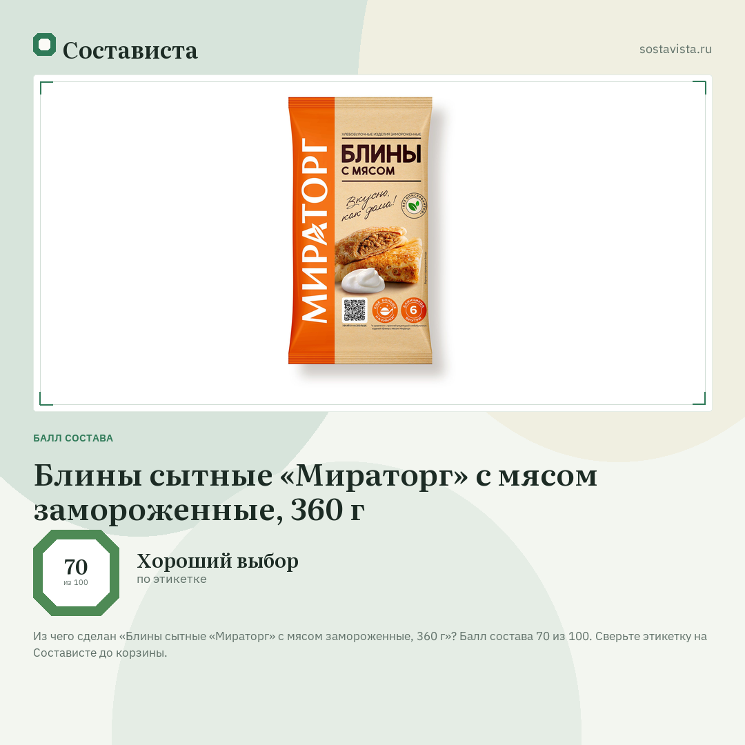 Блины сытные «Мираторг» с мясом замороженные, 360 г: балл состава 70 из 100 — Состависта