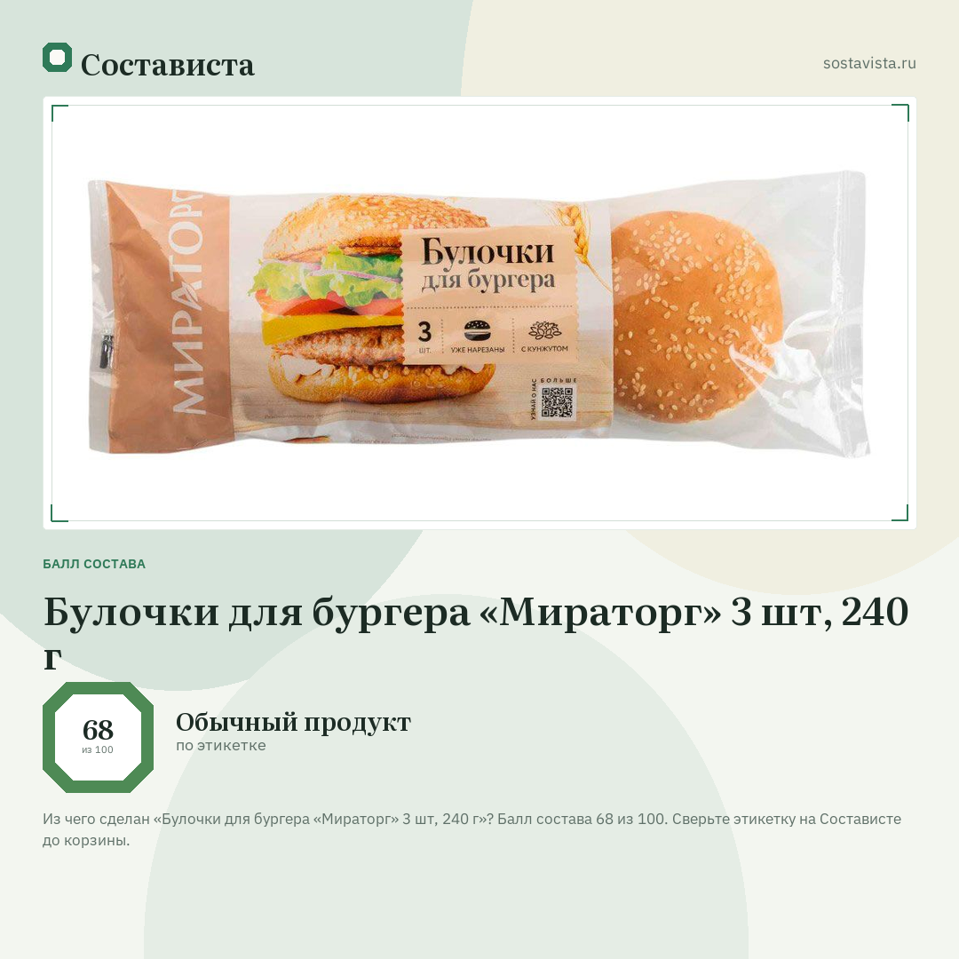Булочки для бургера «Мираторг» 3 шт, 240 г: балл состава 68 из 100 — Состависта