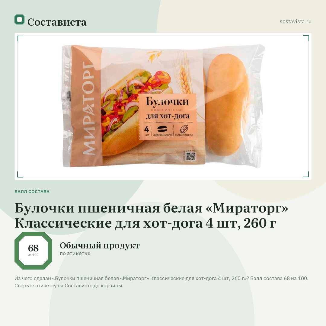 Булочки пшеничная белая «Мираторг» Классические для хот-дога 4 шт, 260 г: балл состава 68 из 100 — Состависта