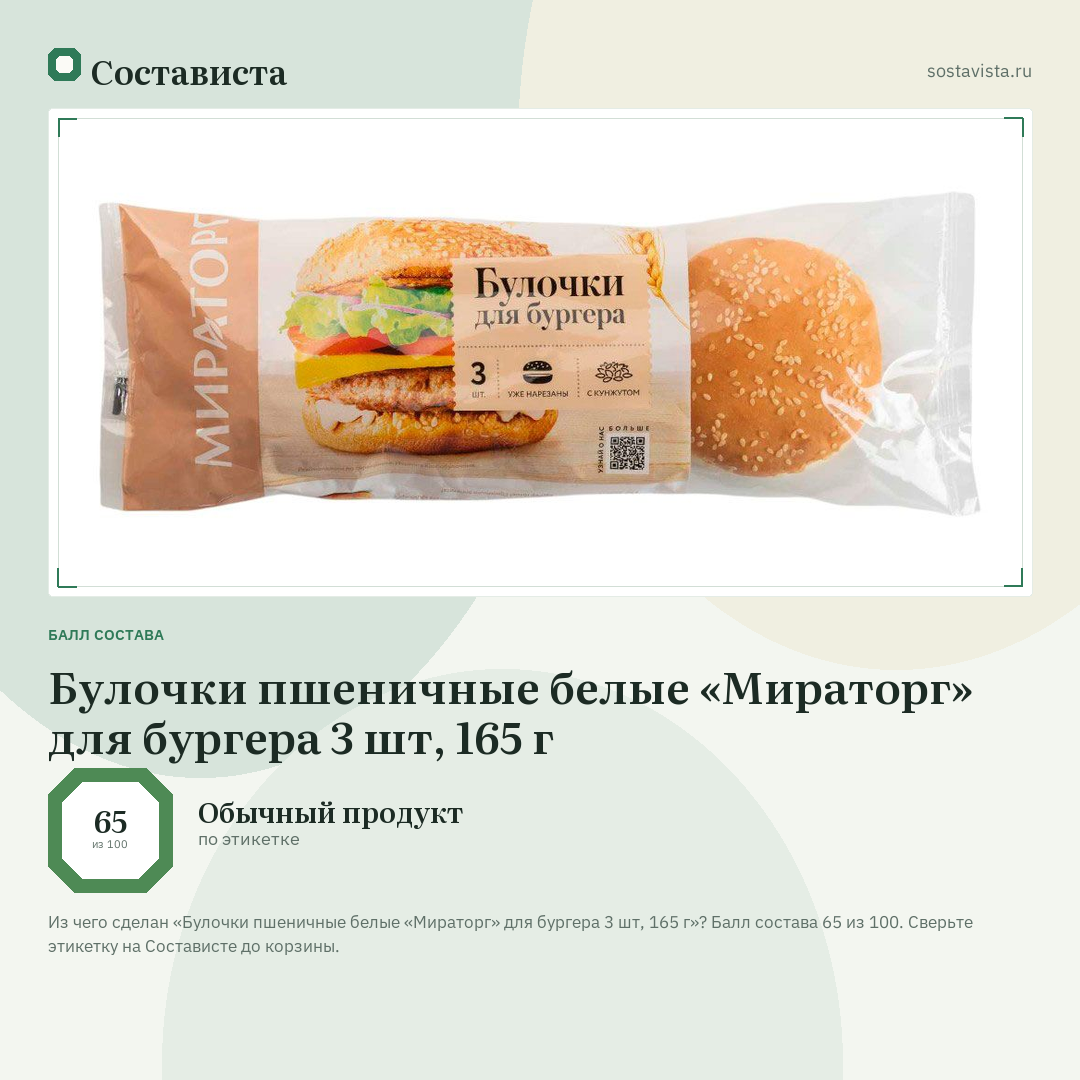 Булочки пшеничные белые «Мираторг» для бургера 3 шт, 165 г: балл состава 65 из 100 — Состависта