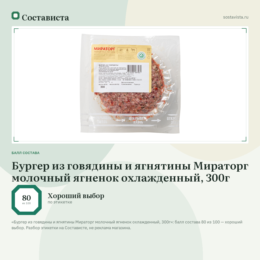 Бургер из говядины и ягнятины Мираторг молочный ягненок охлажденный, 300г: балл состава 80 из 100 — Состависта