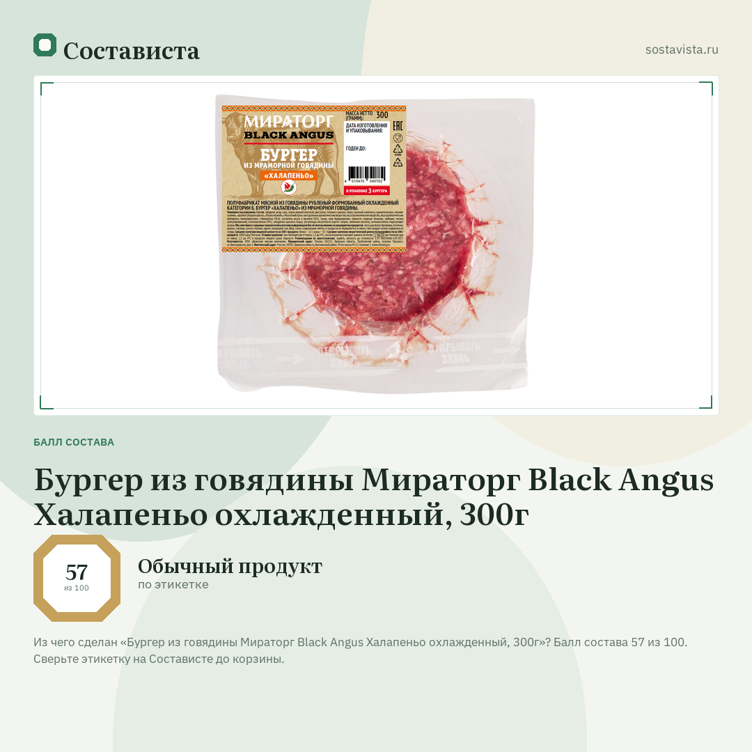 Бургер из говядины Мираторг Black Angus Халапеньо охлажденный, 300г: балл состава 57 из 100 — Состависта