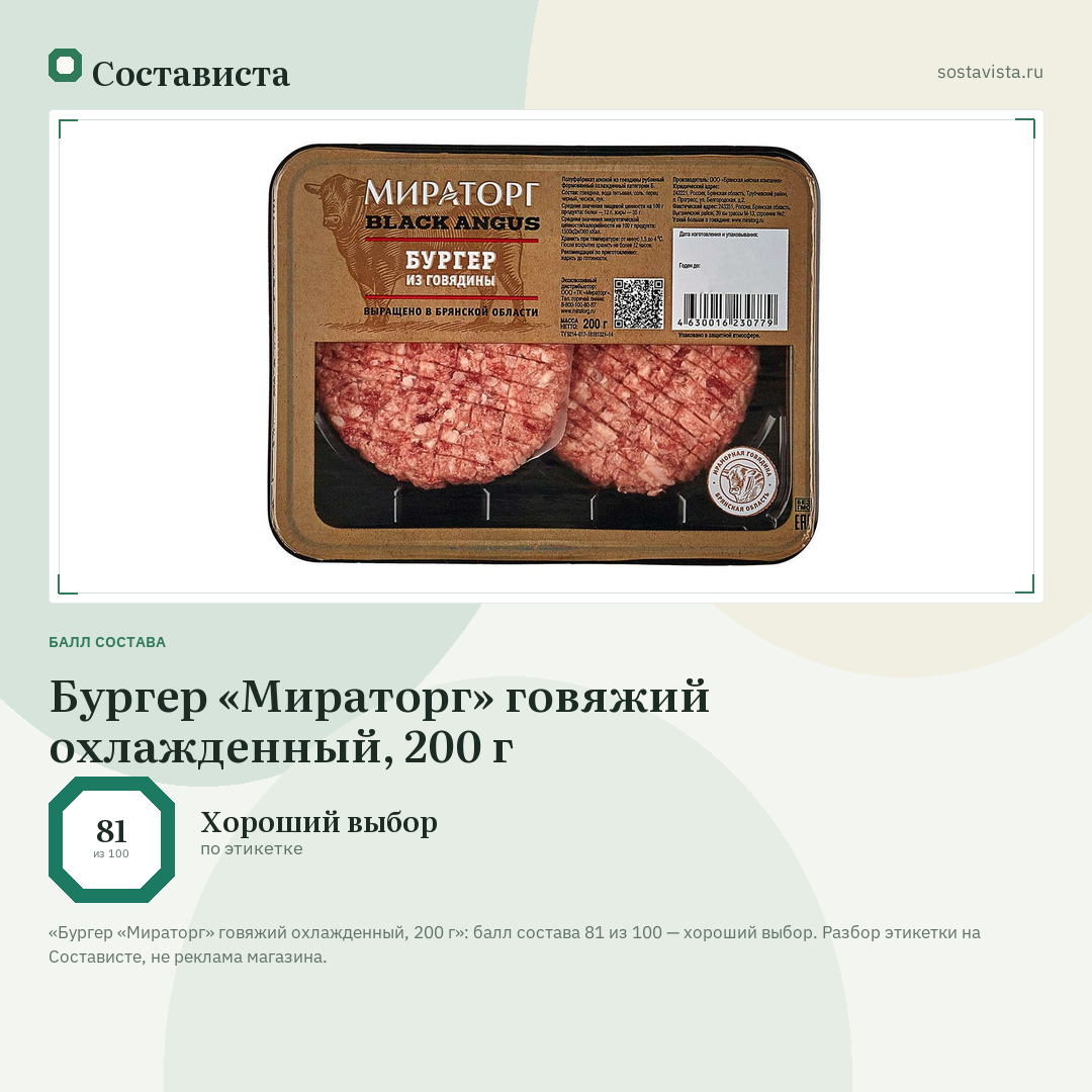 Бургер «Мираторг» говяжий охлажденный, 200 г: балл состава 81 из 100 — Состависта