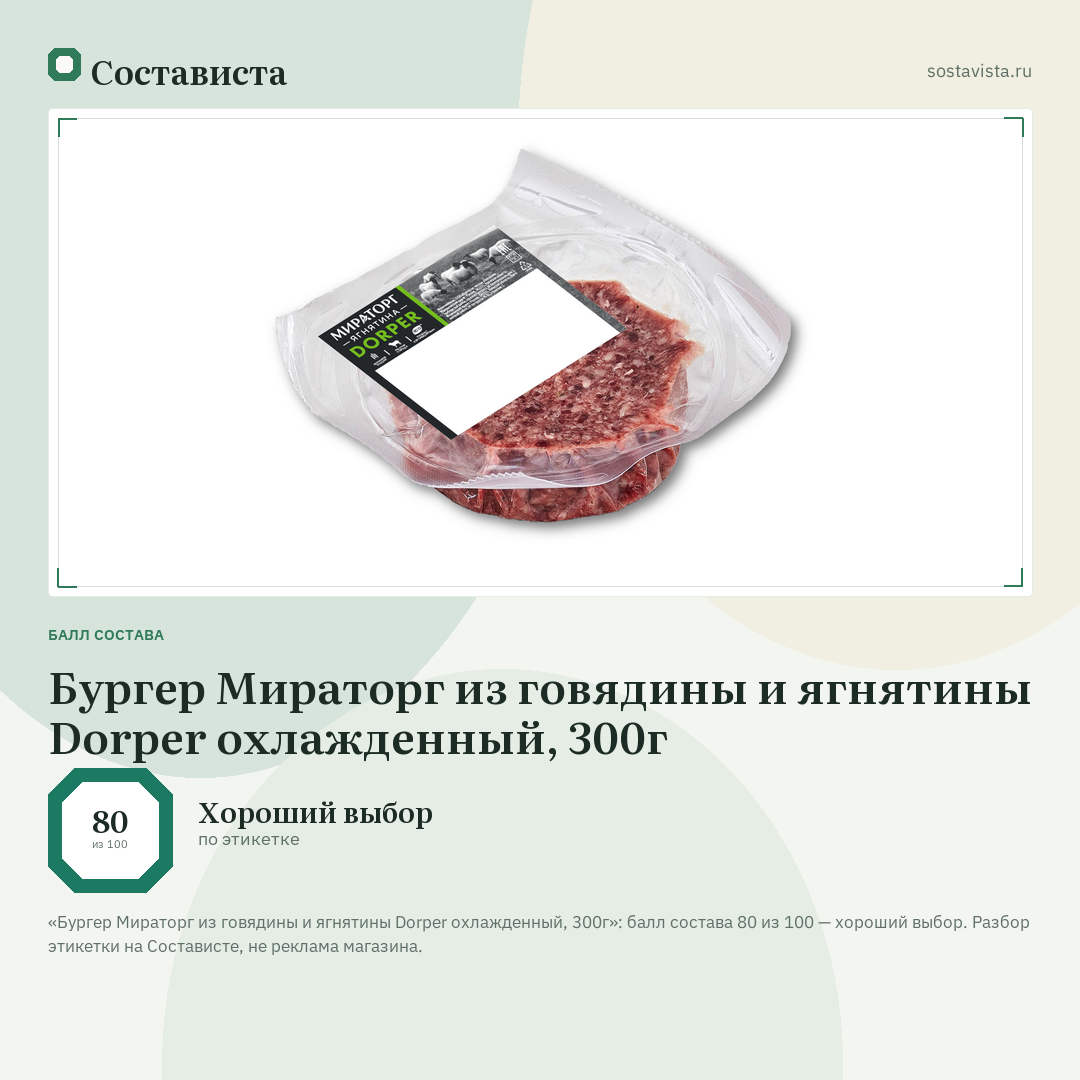 Бургер Мираторг из говядины и ягнятины Dorper охлажденный, 300г: балл состава 80 из 100 — Состависта