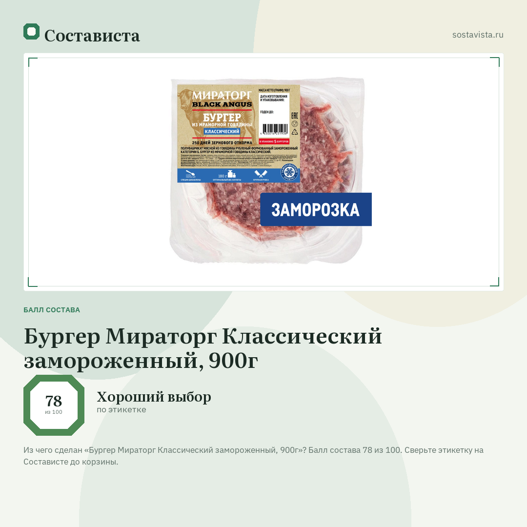 Бургер Мираторг Классический замороженный, 900г: балл состава 78 из 100 — Состависта