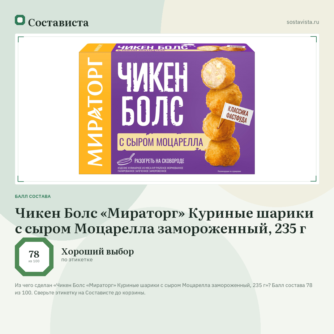 Чикен Болс «Мираторг» Куриные шарики с сыром Моцарелла замороженный, 235 г: балл состава 78 из 100 — Состависта