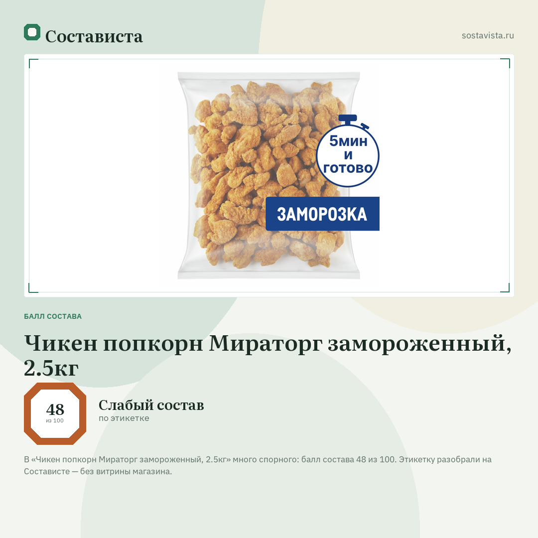 Чикен попкорн Мираторг замороженный, 2.5кг: балл состава 48 из 100 — Состависта