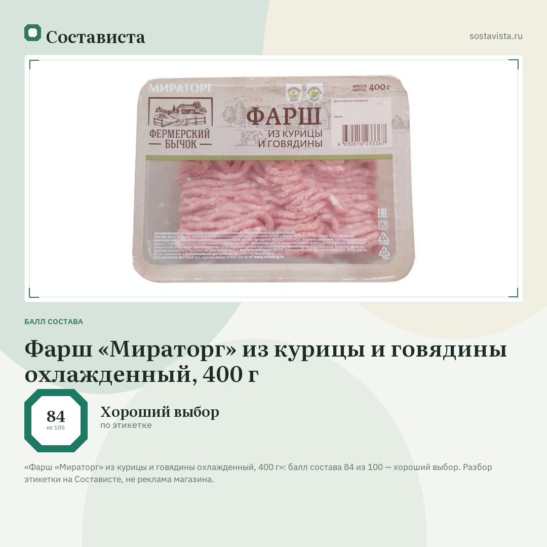 Фарш «Мираторг» из курицы и говядины охлажденный, 400 г: балл состава 84 из 100 — Состависта