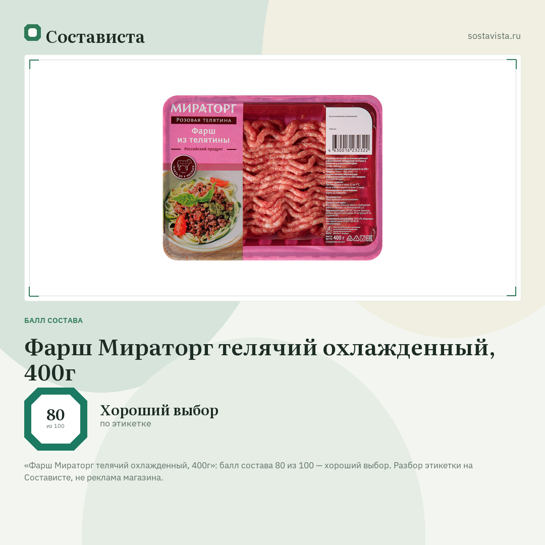 Фарш Мираторг телячий охлажденный, 400г: балл состава 80 из 100 — Состависта