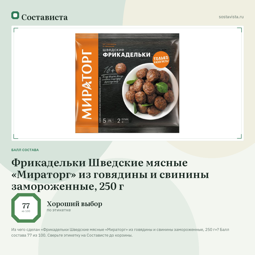 Фрикадельки Шведские мясные «Мираторг» из говядины и свинины замороженные, 250 г: балл состава 77 из 100 — Состависта