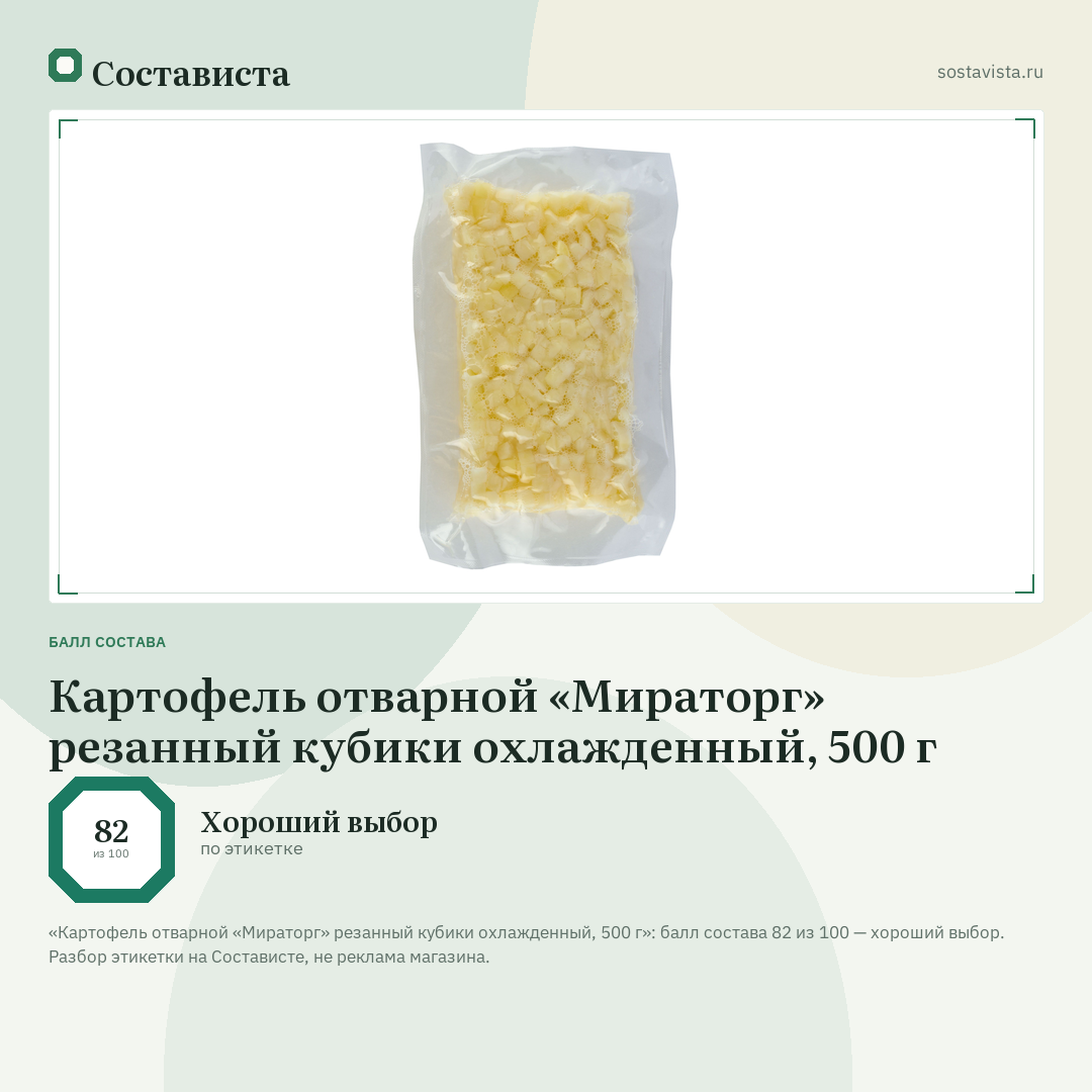Картофель отварной «Мираторг» резанный кубики охлажденный, 500 г: балл состава 82 из 100 — Состависта