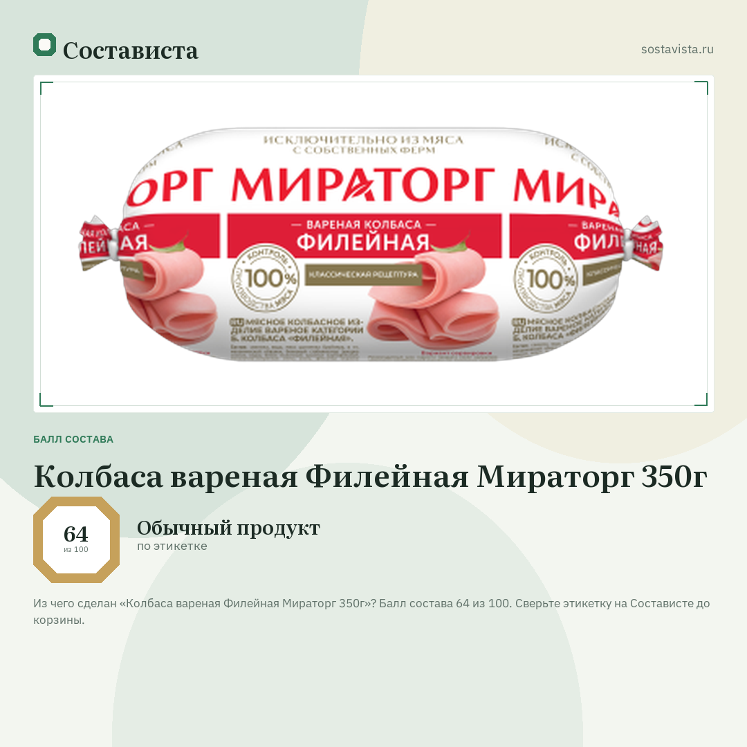 Колбаса вареная Филейная Мираторг 350г: балл состава 64 из 100 — Состависта