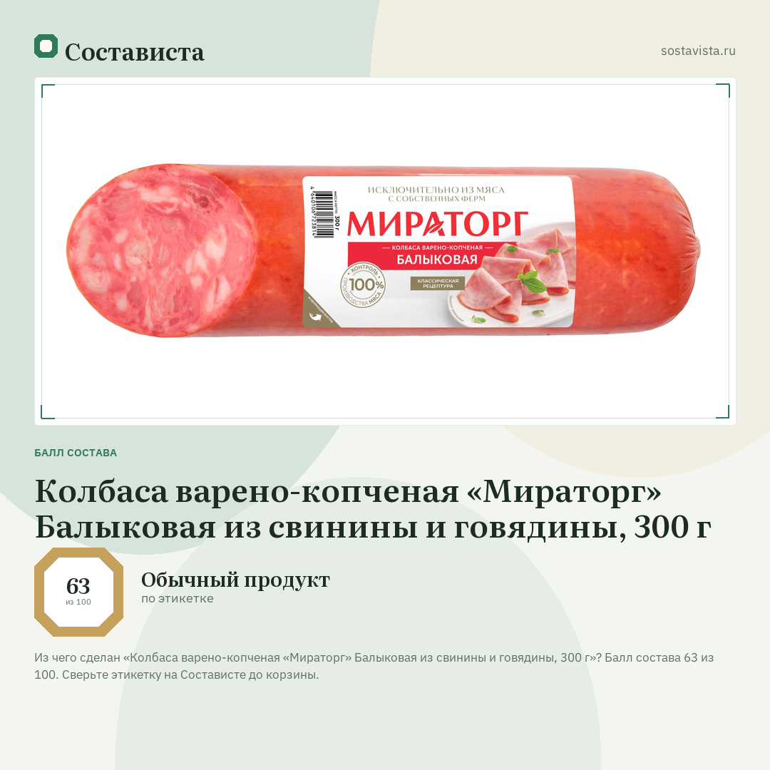 Колбаса варено-копченая «Мираторг» Балыковая из свинины и говядины, 300 г: балл состава 63 из 100 — Состависта