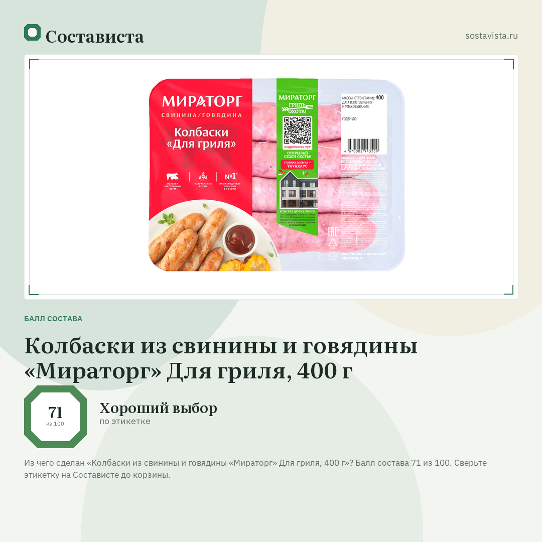Колбаски из свинины и говядины «Мираторг» Для гриля, 400 г: балл состава 71 из 100 — Состависта