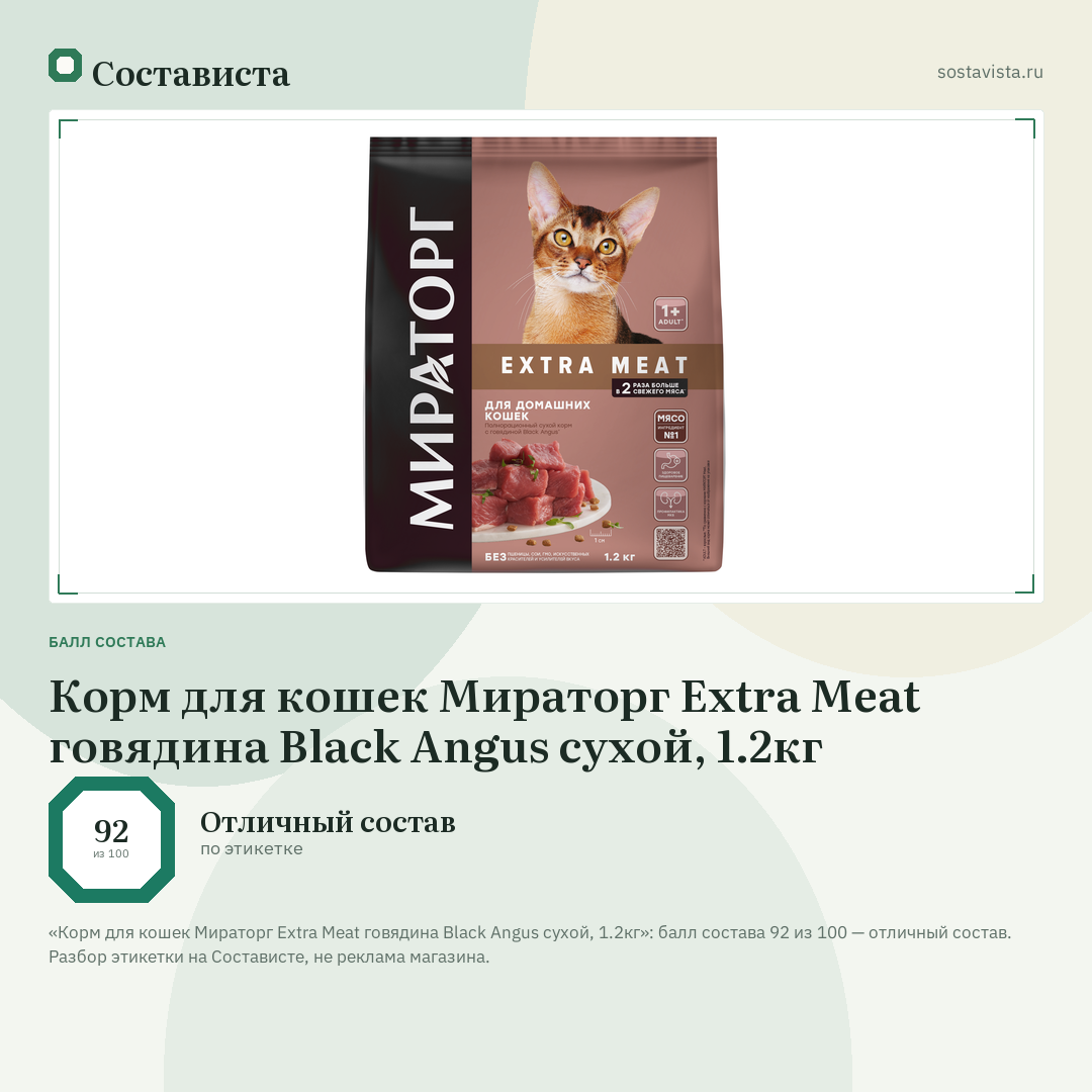 Корм для кошек Мираторг Extra Meat говядина Black Angus сухой, 1.2кг: балл состава 92 из 100 — Состависта