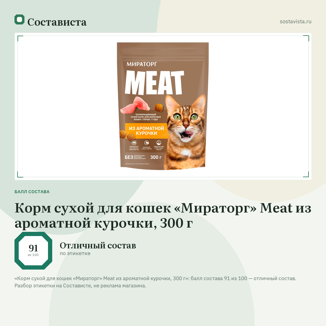 Корм сухой для кошек «Мираторг» Meat из ароматной курочки, 300 г: балл состава 91 из 100 — Состависта