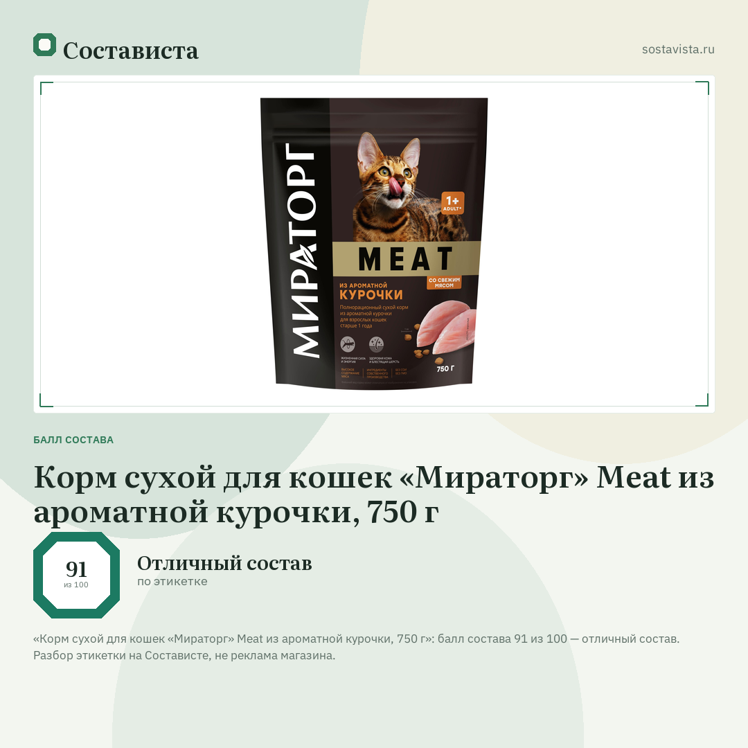 Корм сухой для кошек «Мираторг» Meat из ароматной курочки, 750 г: балл состава 91 из 100 — Состависта