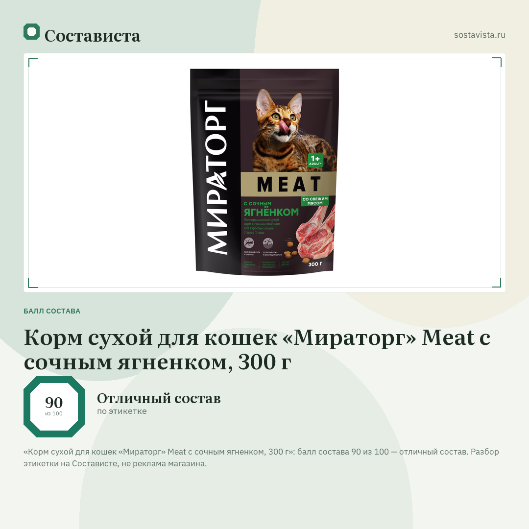 Корм сухой для кошек «Мираторг» Meat с сочным ягненком, 300 г: балл состава 90 из 100 — Состависта