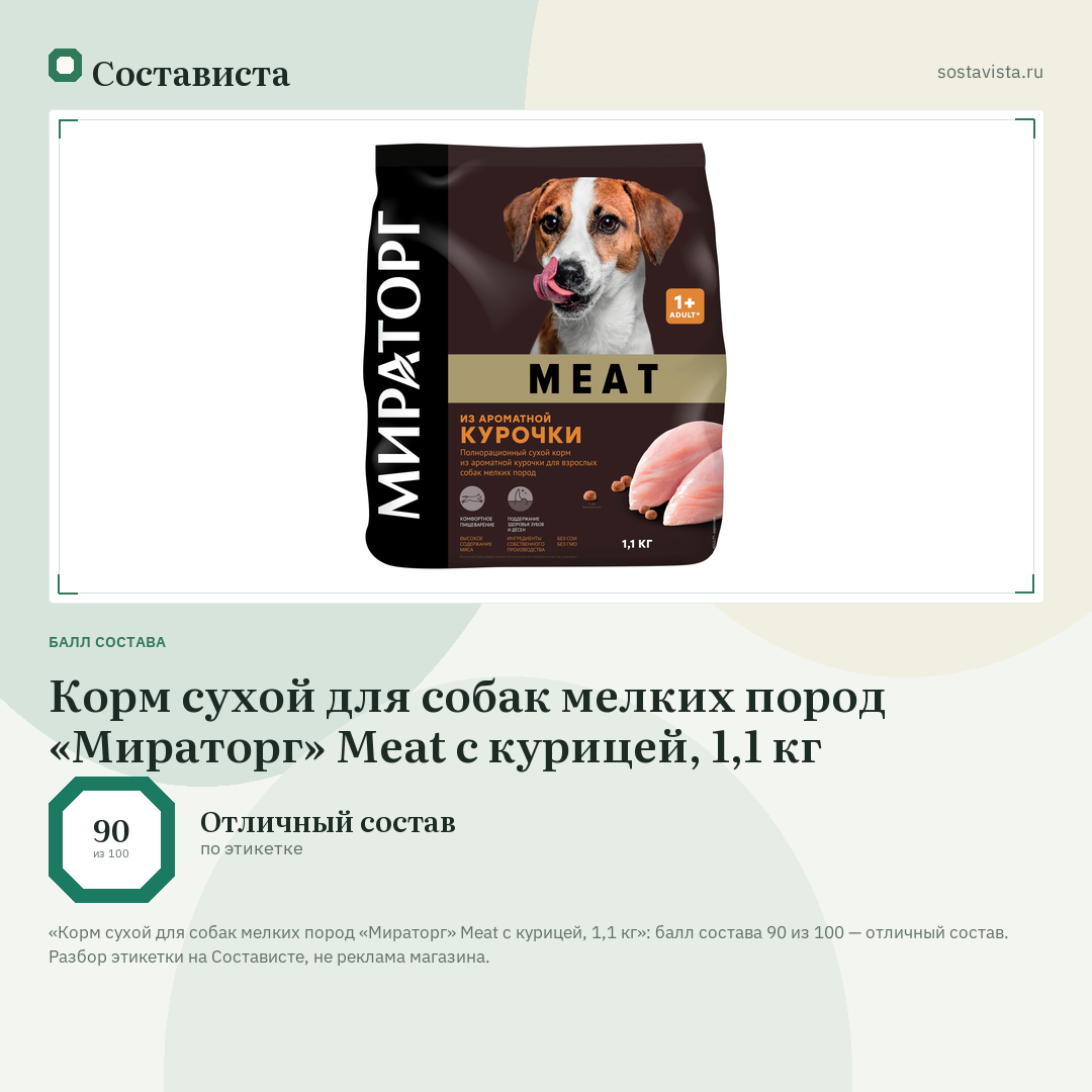 Корм сухой для собак мелких пород «Мираторг» Meat c курицей, 1,1 кг: балл состава 90 из 100 — Состависта