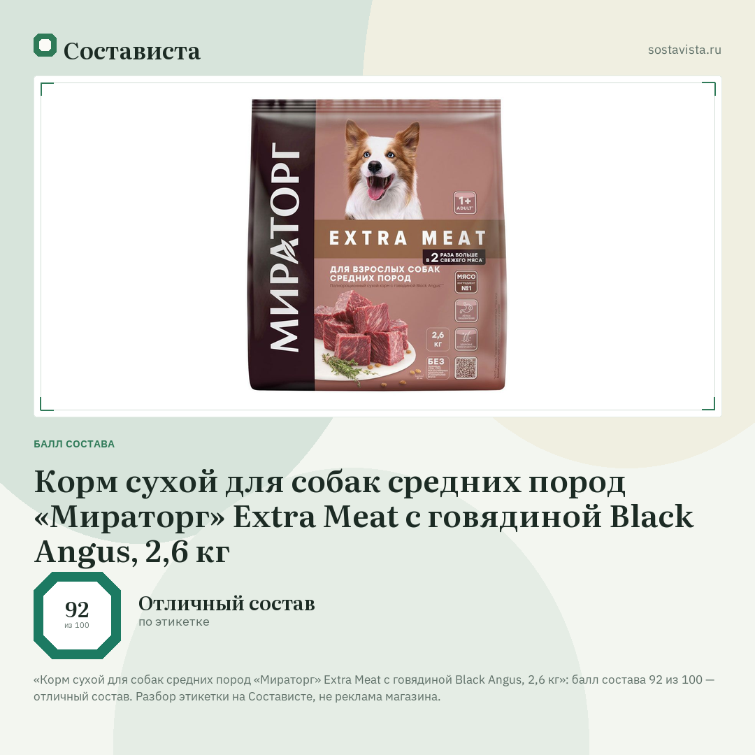 Корм сухой для собак средних пород «Мираторг» Extra Meat с говядиной Black Angus, 2,6 кг: балл состава 92 из 100 — Состависта