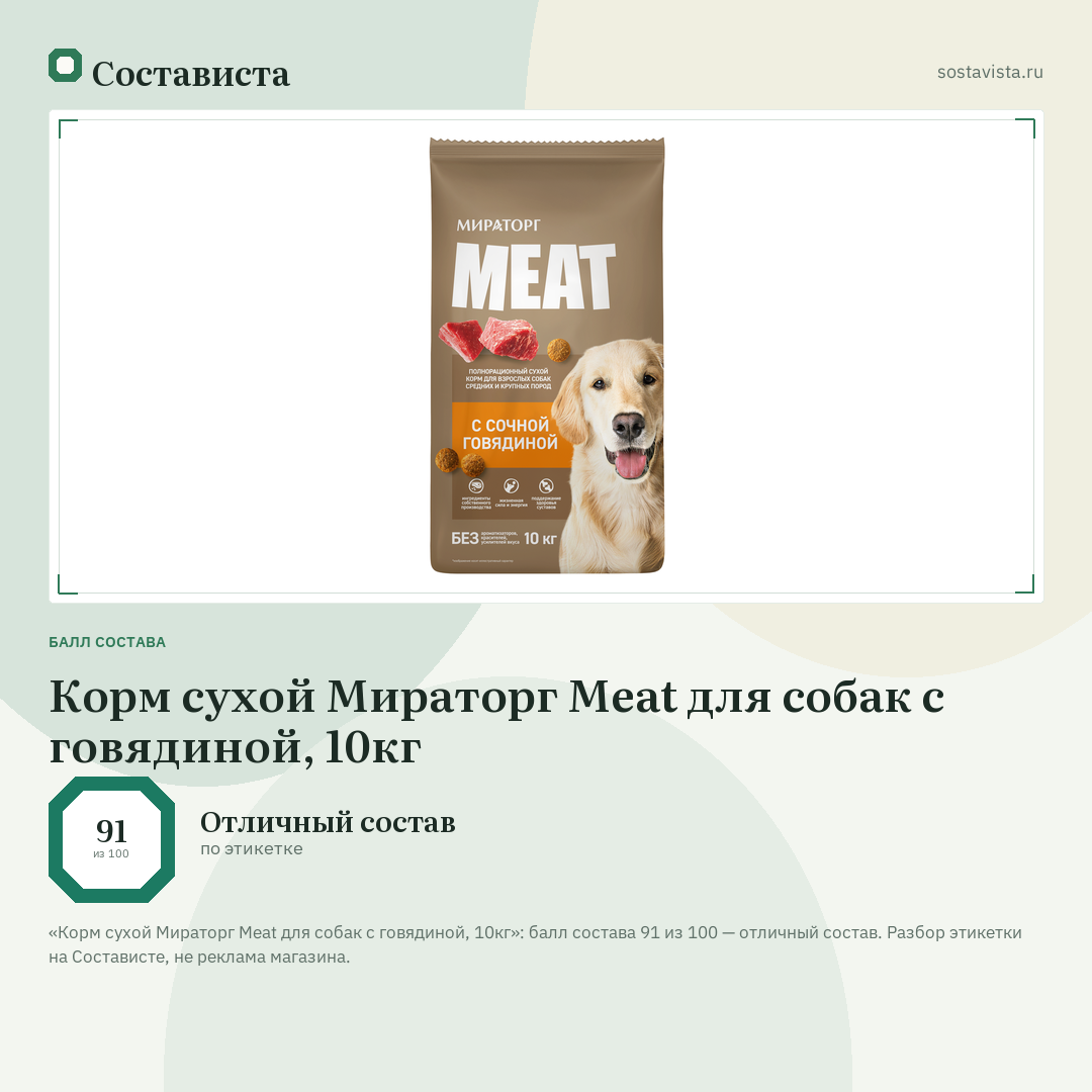 Корм сухой Мираторг Meat для собак с говядиной, 10кг: балл состава 91 из 100 — Состависта