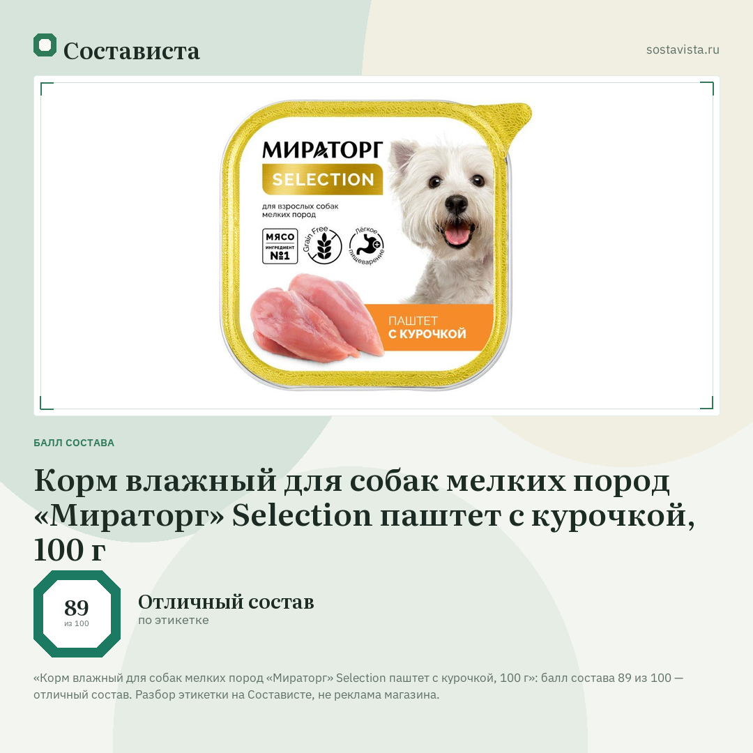Корм влажный для собак мелких пород «Мираторг» Selection паштет с курочкой, 100 г: балл состава 89 из 100 — Состависта