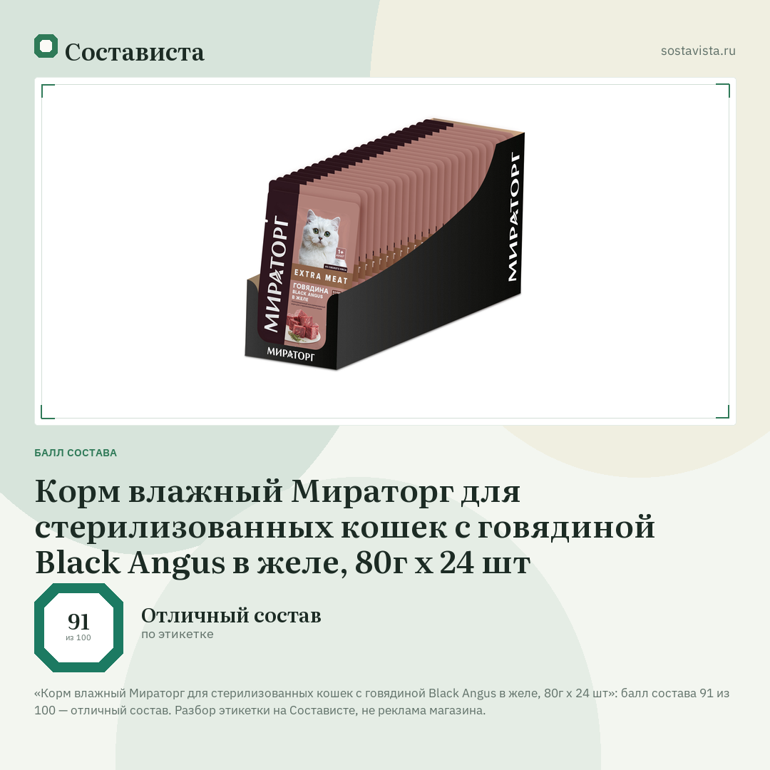Корм влажный Мираторг для стерилизованных кошек с говядиной Black Angus в желе, 80г x 24 шт: балл состава 91 из 100 — Состависта