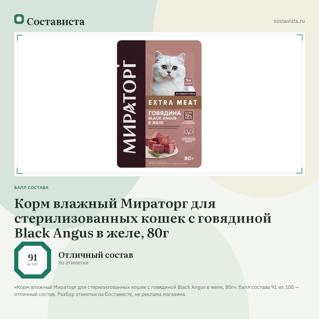 Корм влажный Мираторг для стерилизованных кошек с говядиной Black Angus в желе, 80г: балл состава 91 из 100 — Состависта