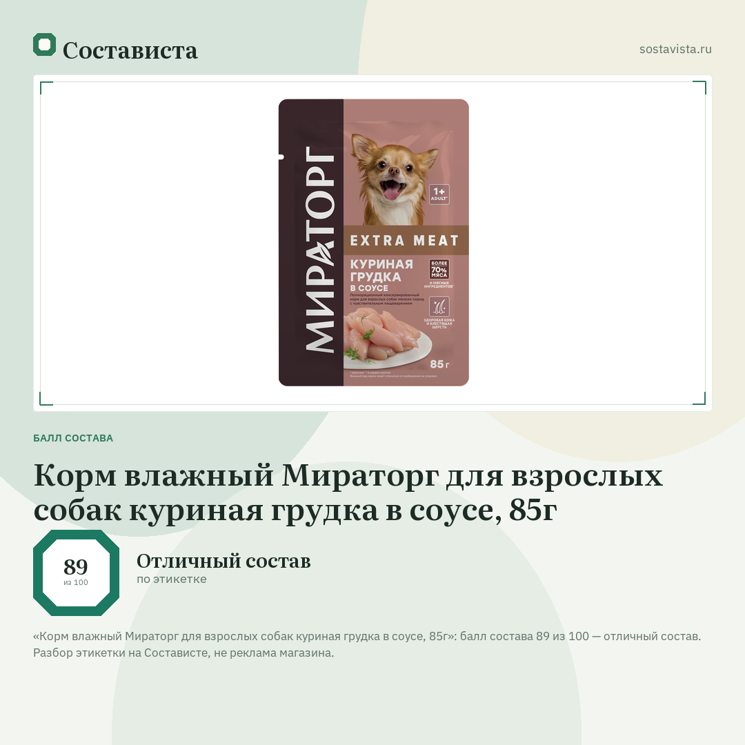 Корм влажный Мираторг для взрослых собак куриная грудка в соусе, 85г: балл состава 89 из 100 — Состависта