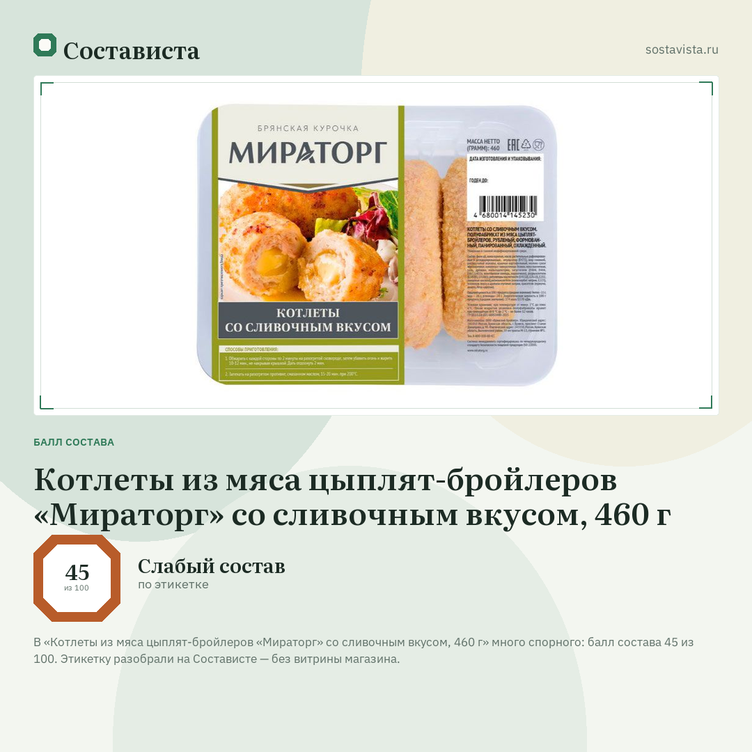 Котлеты из мяса цыплят-бройлеров «Мираторг» со сливочным вкусом, 460 г: балл состава 45 из 100 — Состависта