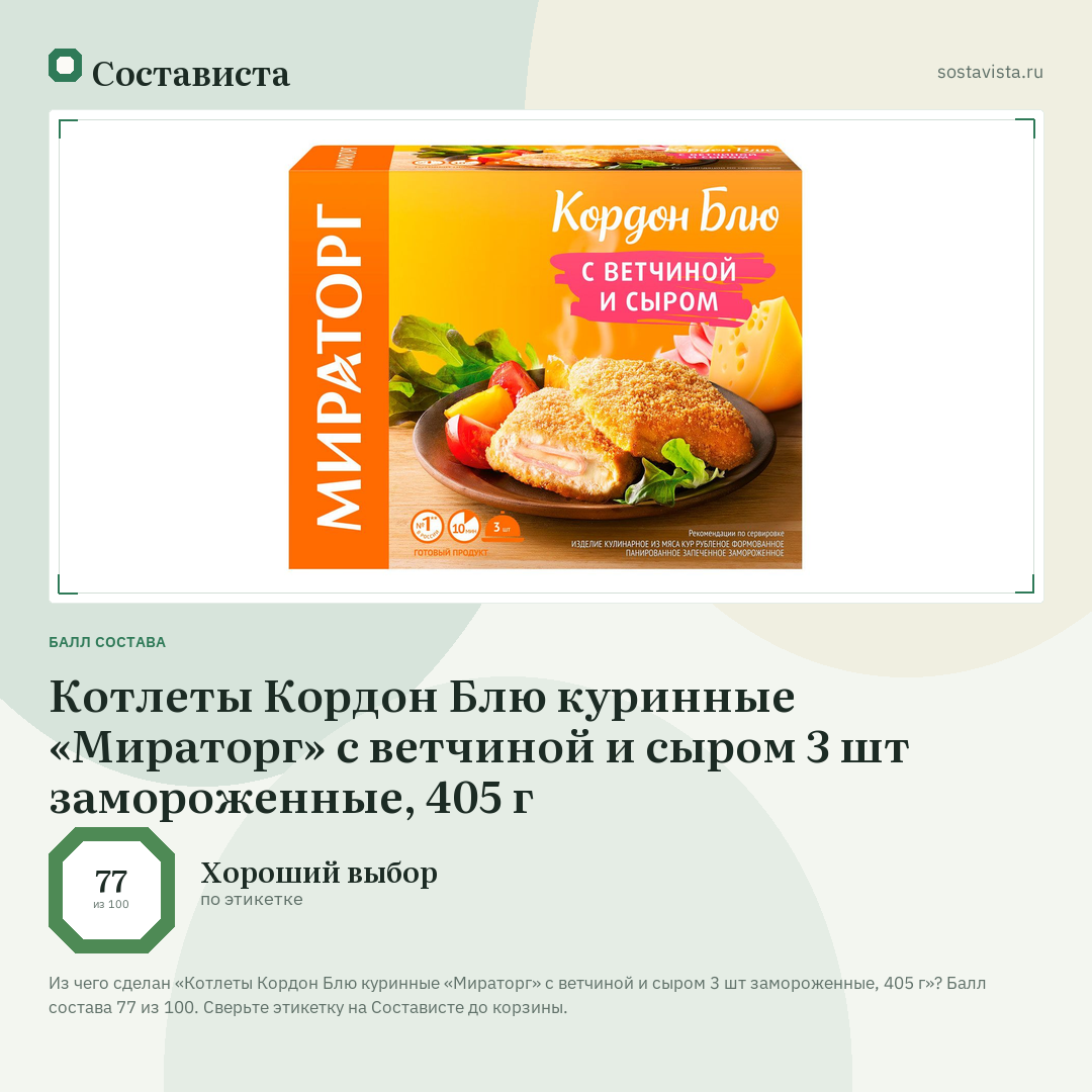 Котлеты Кордон Блю куринные «Мираторг» с ветчиной и сыром 3 шт замороженные, 405 г: балл состава 77 из 100 — Состависта