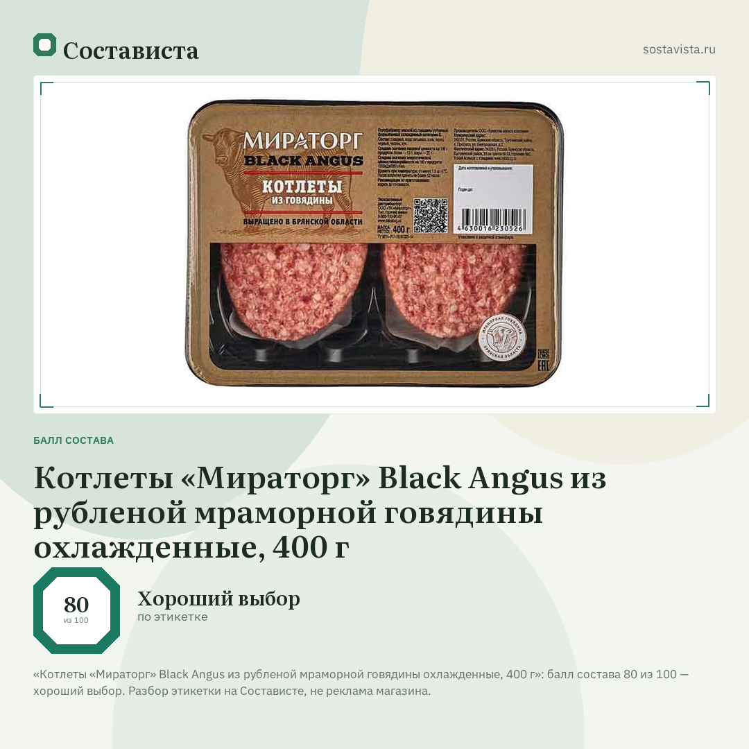 Котлеты «Мираторг» Black Angus из рубленой мраморной говядины охлажденные, 400 г: балл состава 80 из 100 — Состависта